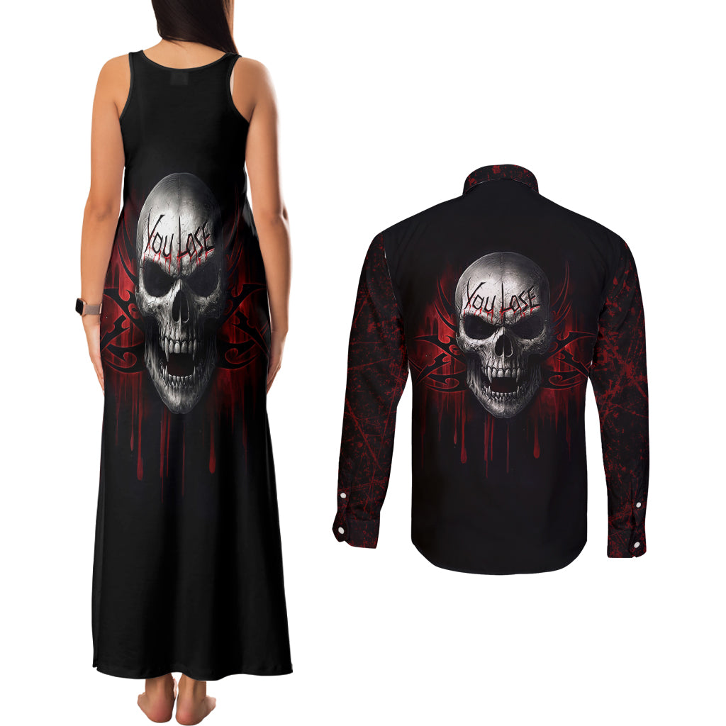 Skull Couples Matching Tank Maxi Dress and Long Sleeve Button Shirts Death Skull Game Over - Wonder Print Shop