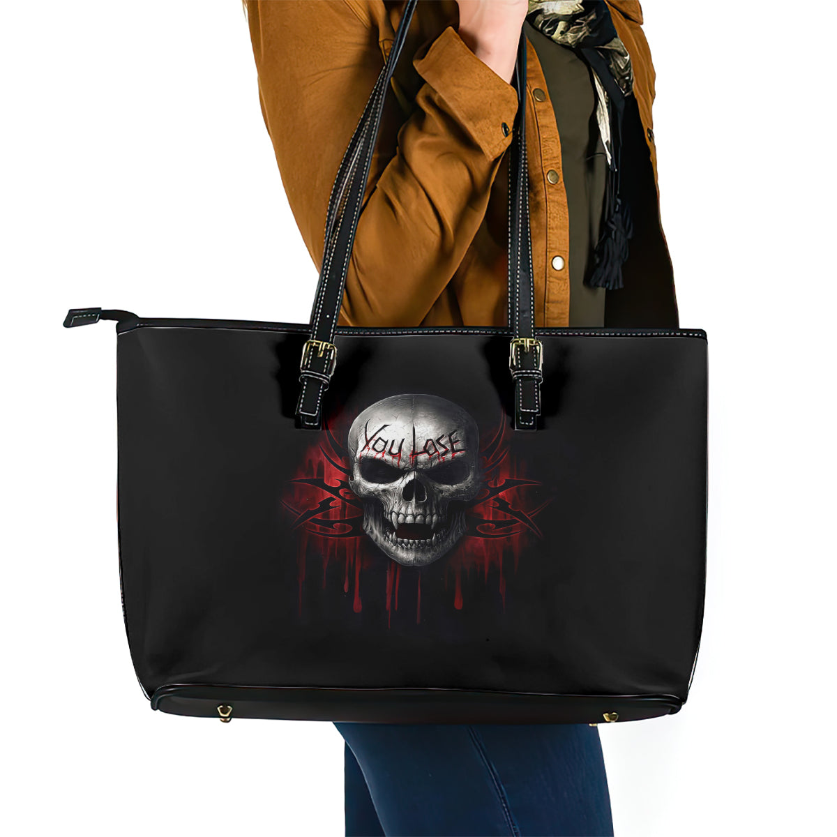 Skull Leather Tote Bag Death Skull Game Over - Wonder Print Shop