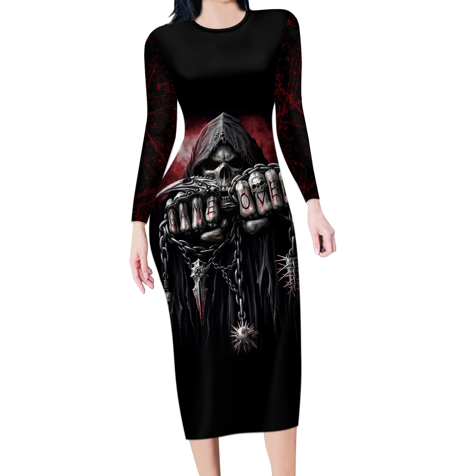 Skull Long Sleeve Bodycon Dress Death Skull Game Over - Wonder Print Shop