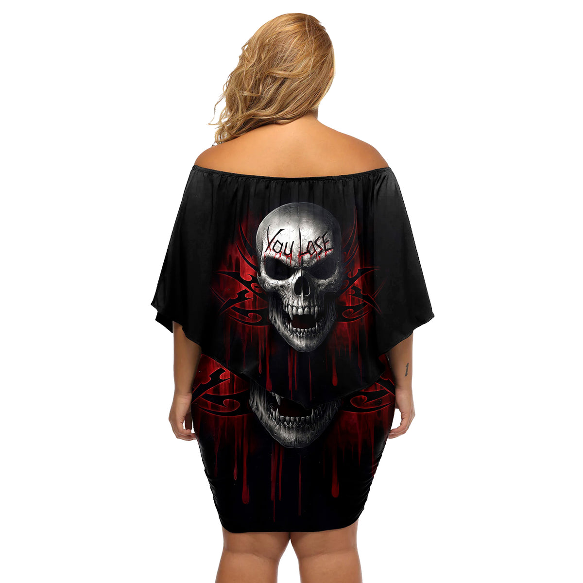 Skull Off Shoulder Short Dress Death Skull Game Over - Wonder Print Shop
