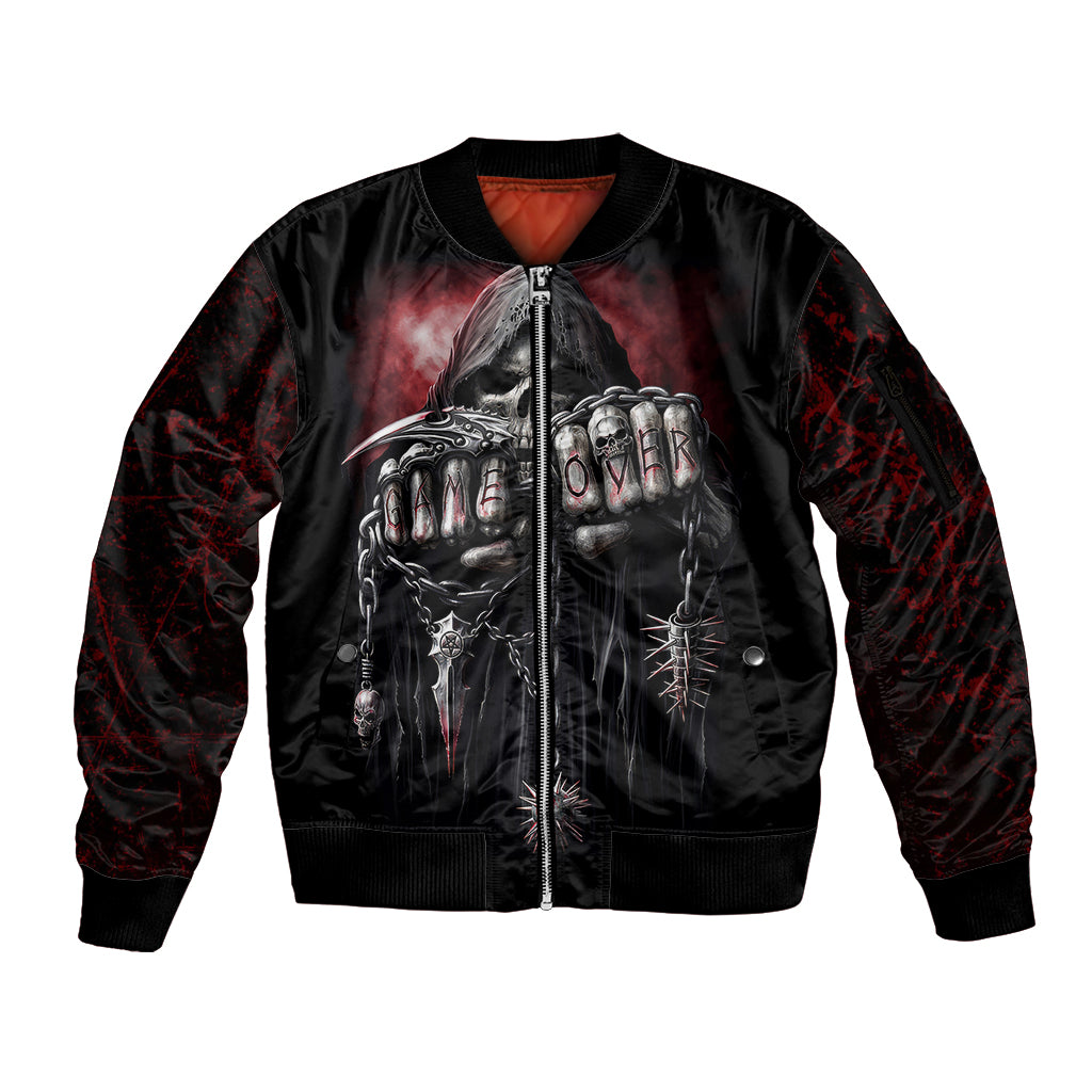 Skull Sleeve Zip Bomber Jacket Death Skull Game Over - Wonder Print Shop