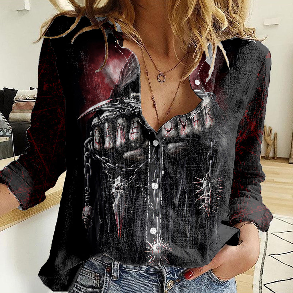 Skull Women Casual Shirt Death Skull Game Over - Wonder Print Shop