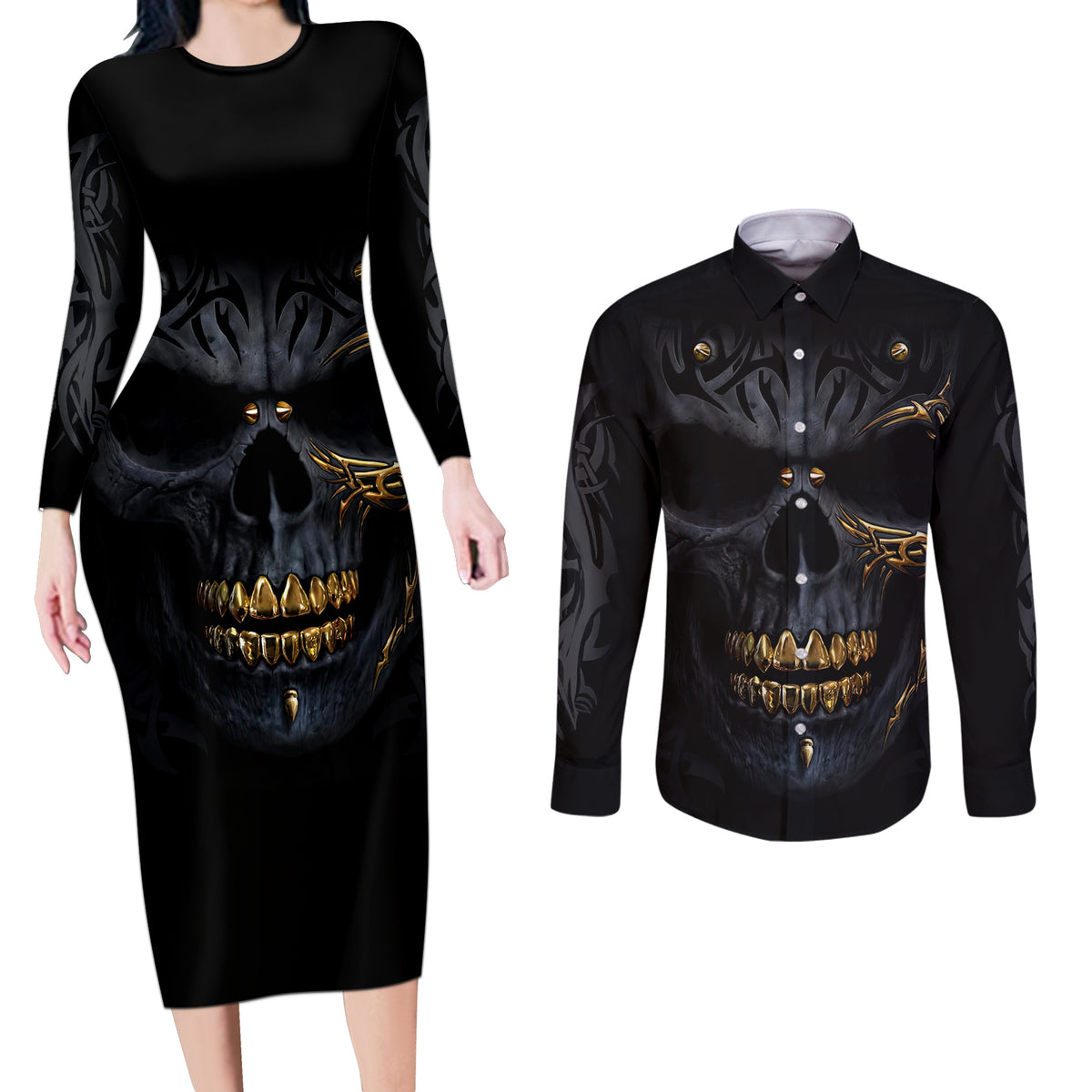 Skull Couples Matching Long Sleeve Bodycon Dress and Long Sleeve Button Shirts Golden Skull Gangster - Wonder Print Shop