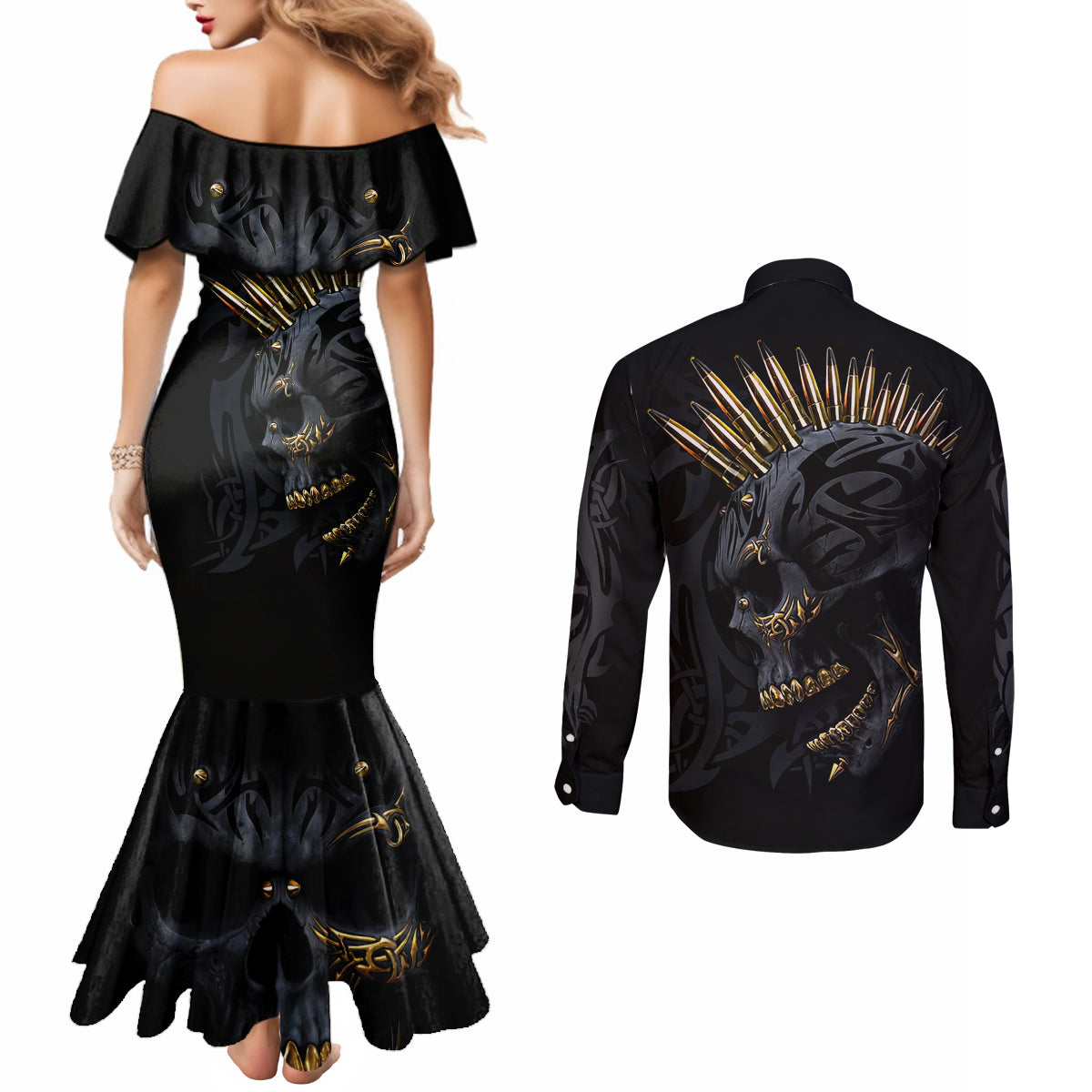 Skull Couples Matching Mermaid Dress and Long Sleeve Button Shirts Golden Skull Gangster DT01