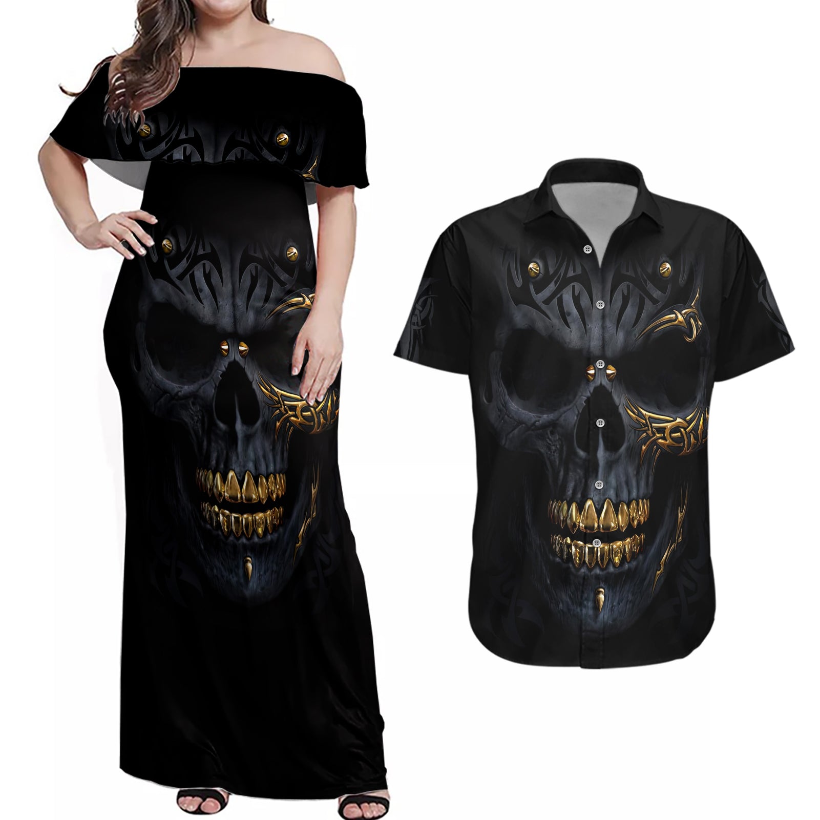 Skull Couples Matching Off Shoulder Maxi Dress and Hawaiian Shirt Golden Skull Gangster - Wonder Print Shop