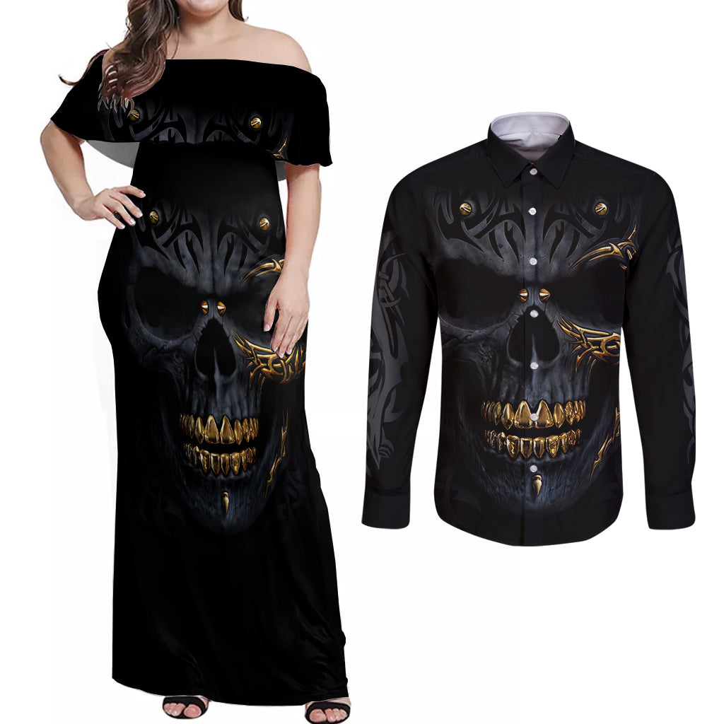 Skull Couples Matching Off Shoulder Maxi Dress and Long Sleeve Button Shirts Golden Skull Gangster - Wonder Print Shop