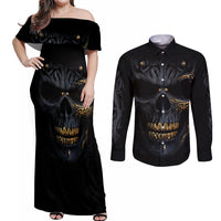 Skull Couples Matching Off Shoulder Maxi Dress and Long Sleeve Button Shirts Golden Skull Gangster - Wonder Print Shop