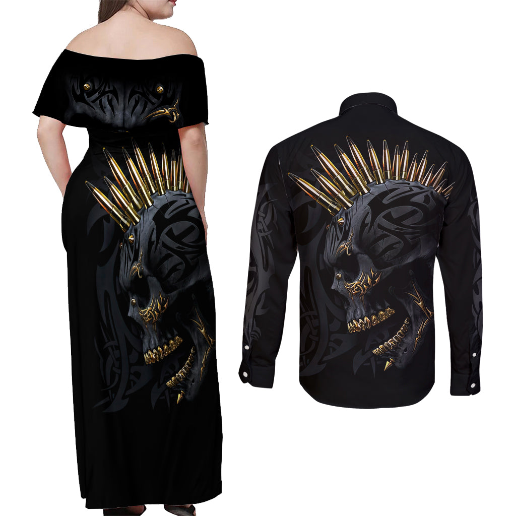 Skull Couples Matching Off Shoulder Maxi Dress and Long Sleeve Button Shirts Golden Skull Gangster - Wonder Print Shop