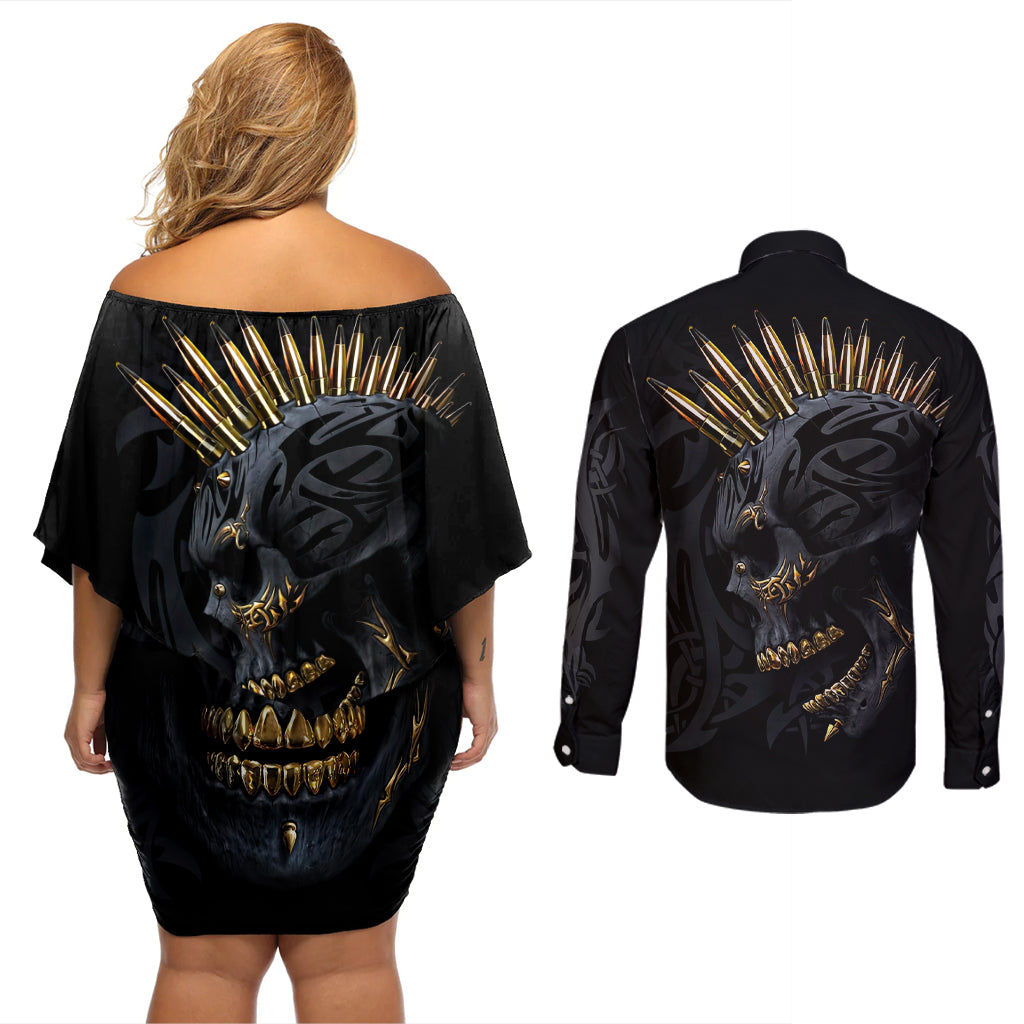 Skull Couples Matching Off Shoulder Short Dress and Long Sleeve Button Shirts Golden Skull Gangster - Wonder Print Shop