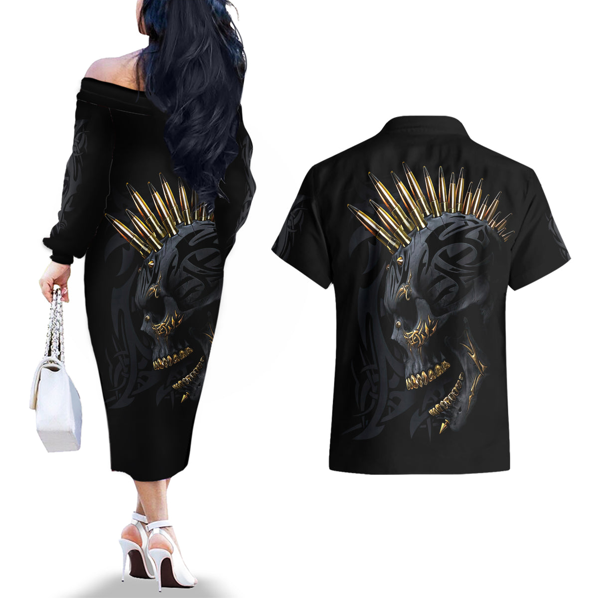 Skull Couples Matching Off The Shoulder Long Sleeve Dress and Hawaiian Shirt Golden Skull Gangster - Wonder Print Shop