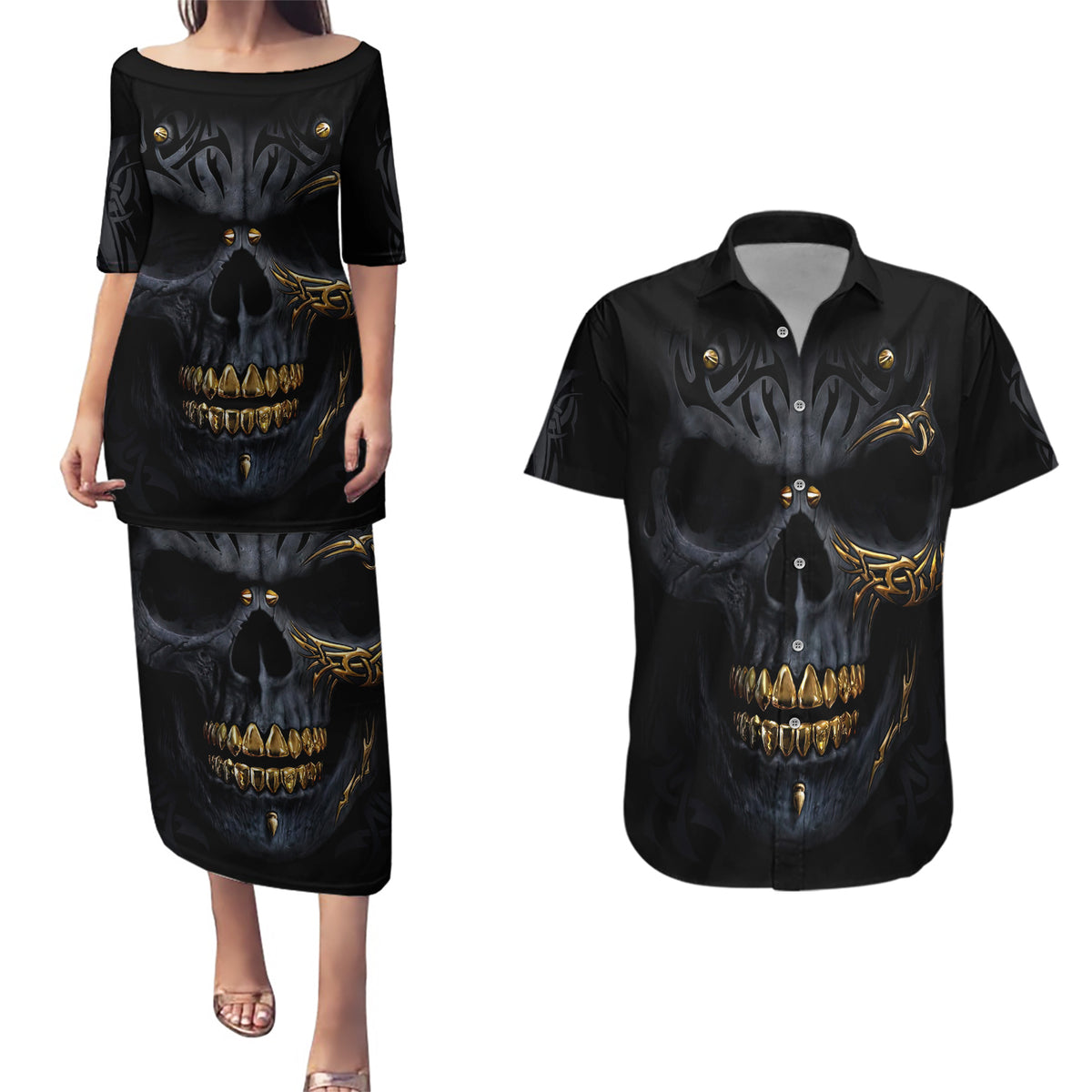 Skull Couples Matching Puletasi Dress and Hawaiian Shirt Golden Skull Gangster - Wonder Print Shop