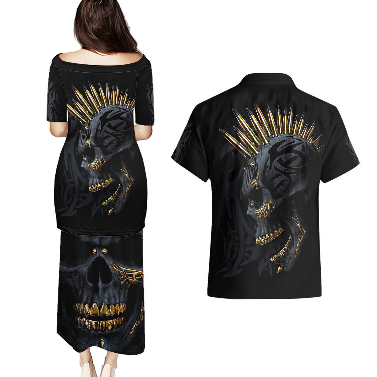 Skull Couples Matching Puletasi Dress and Hawaiian Shirt Golden Skull Gangster - Wonder Print Shop