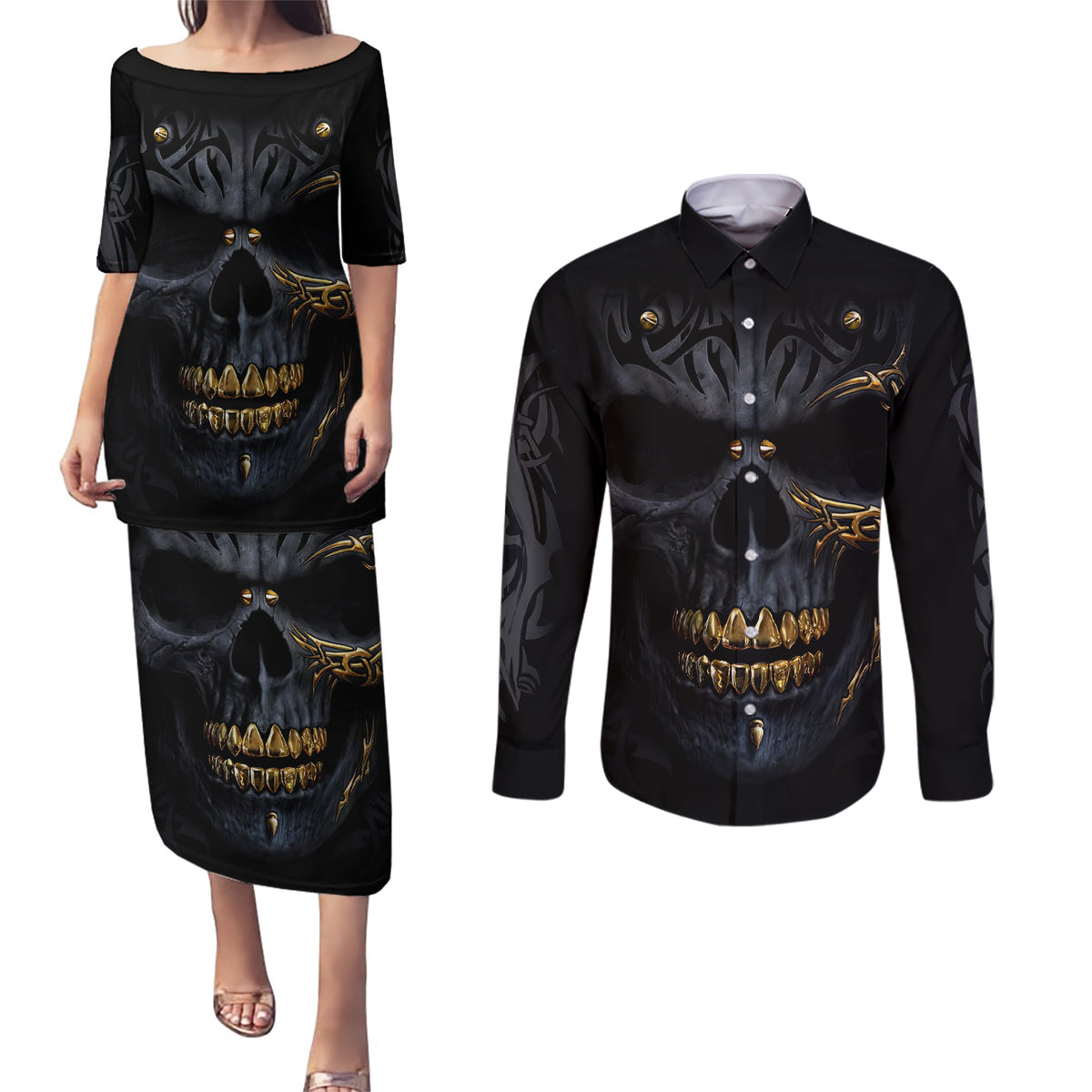 Skull Couples Matching Puletasi Dress and Long Sleeve Button Shirts Golden Skull Gangster - Wonder Print Shop