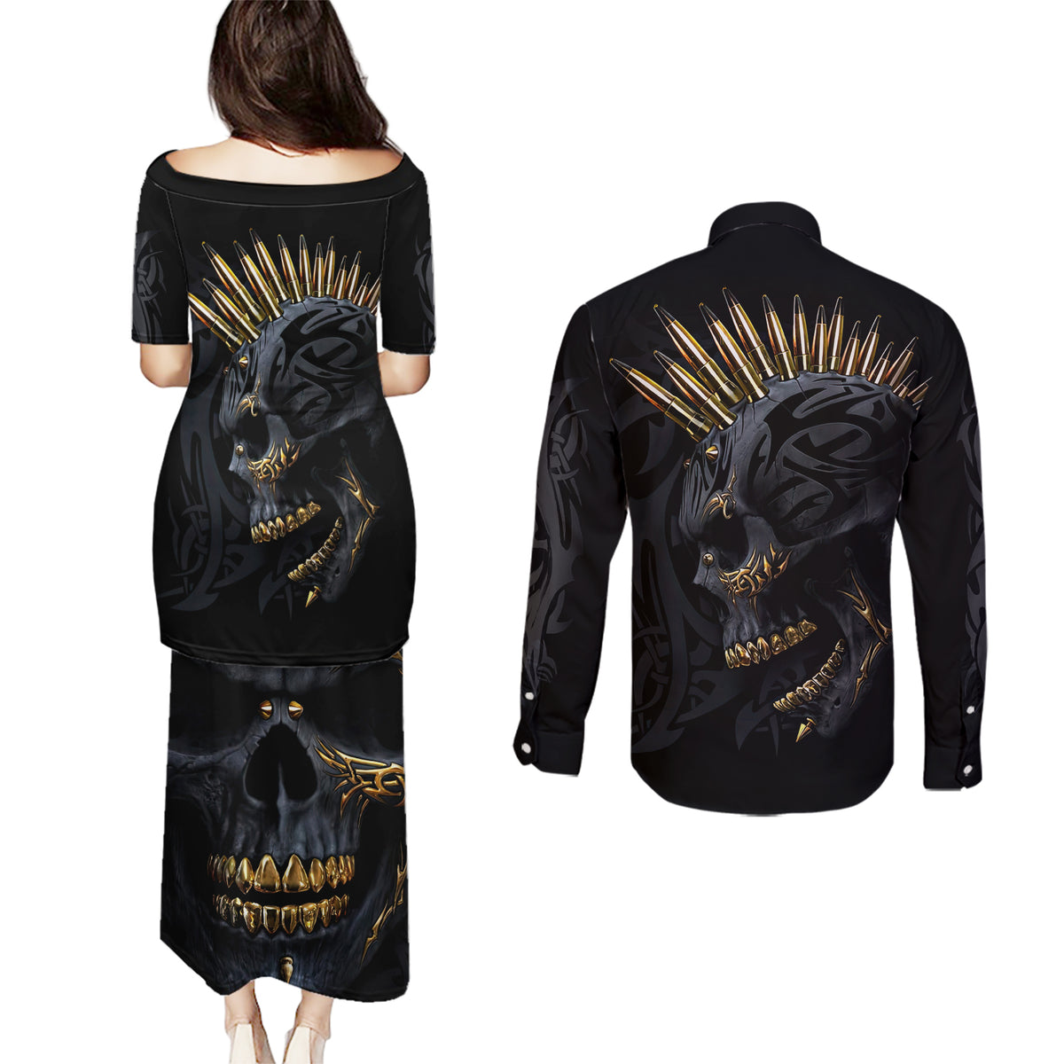 Skull Couples Matching Puletasi Dress and Long Sleeve Button Shirts Golden Skull Gangster - Wonder Print Shop