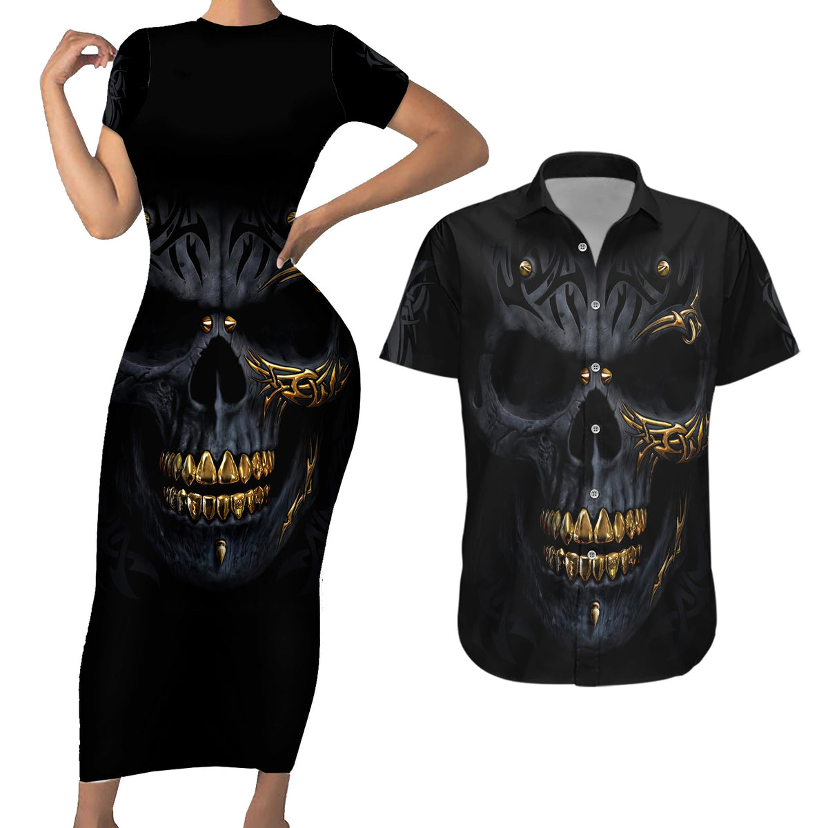 Skull Couples Matching Short Sleeve Bodycon Dress and Hawaiian Shirt Golden Skull Gangster - Wonder Print Shop