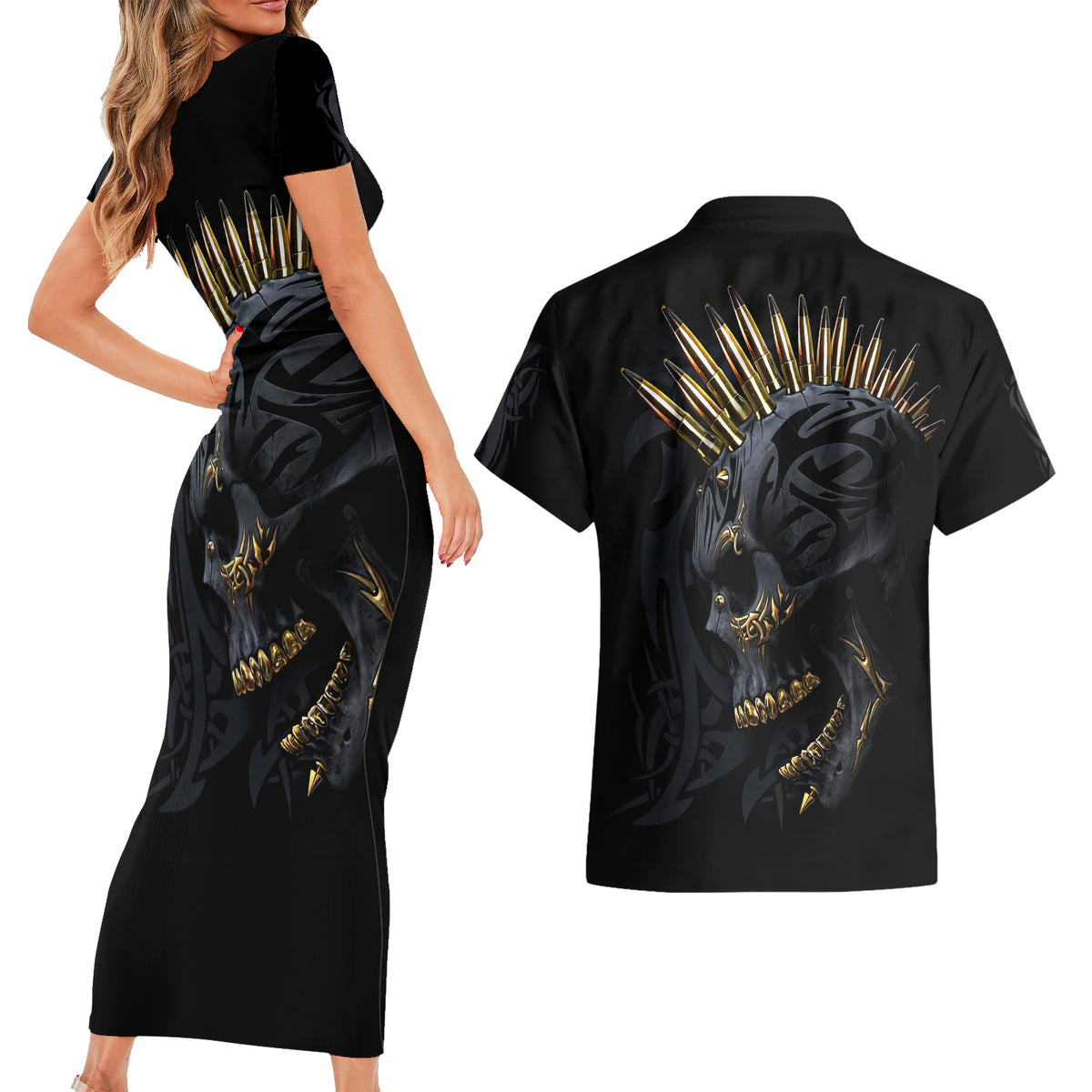 Skull Couples Matching Short Sleeve Bodycon Dress and Hawaiian Shirt Golden Skull Gangster - Wonder Print Shop