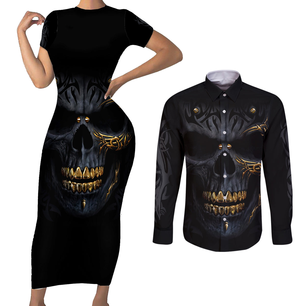 Skull Couples Matching Short Sleeve Bodycon Dress and Long Sleeve Button Shirts Golden Skull Gangster - Wonder Print Shop