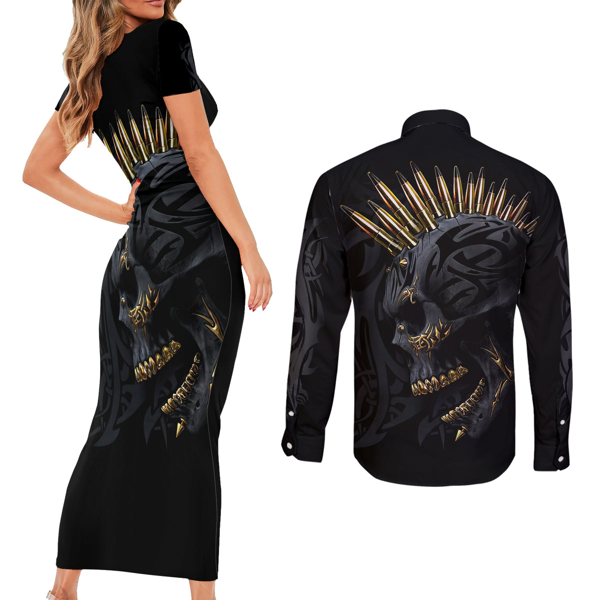 Skull Couples Matching Short Sleeve Bodycon Dress and Long Sleeve Button Shirts Golden Skull Gangster - Wonder Print Shop