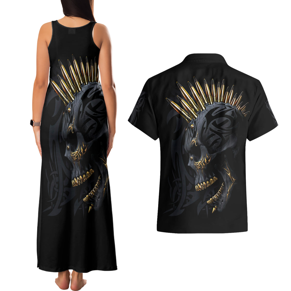 Skull Couples Matching Tank Maxi Dress And Hawaiian Shirt Golden Skull Gangster - Wonder Print Shop