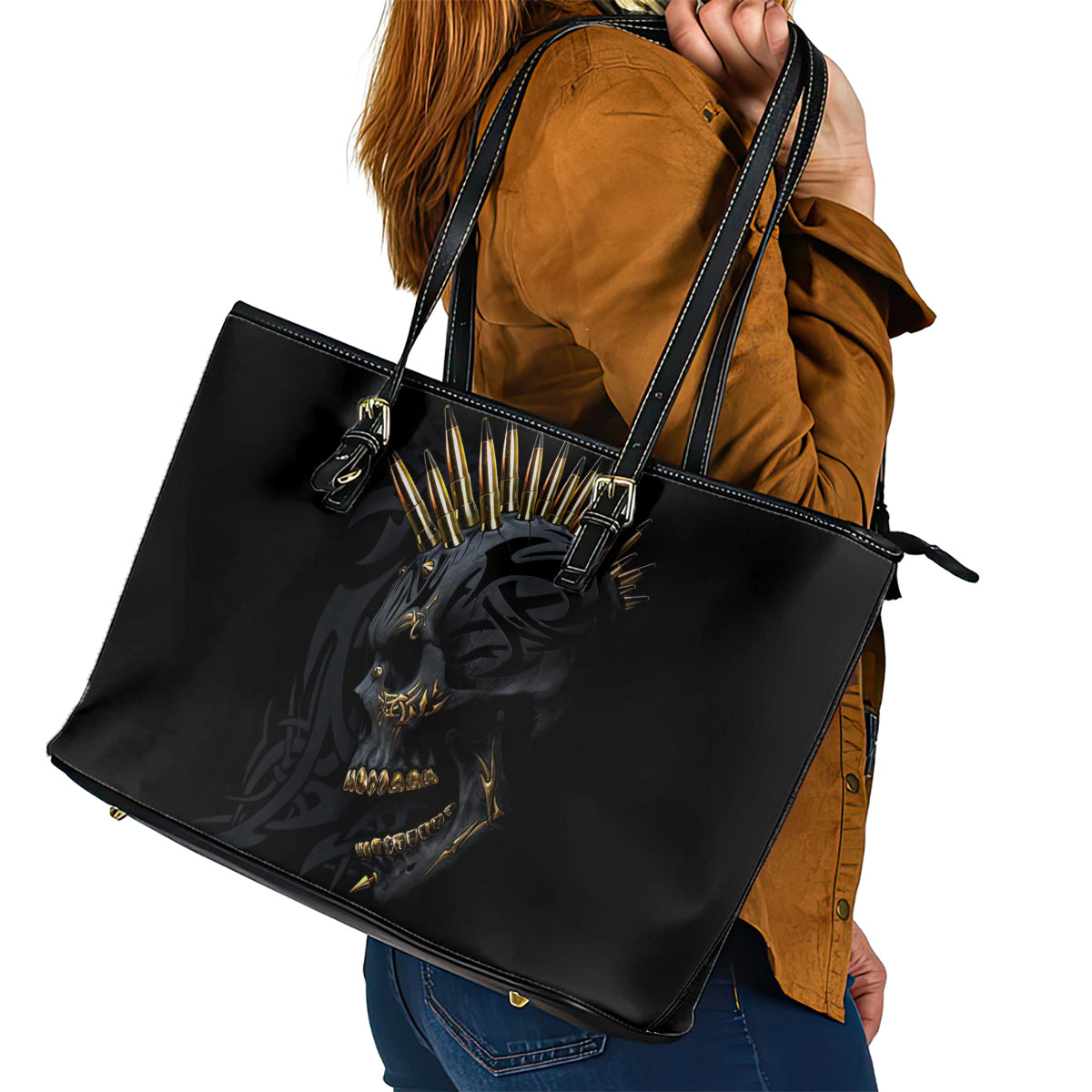 Skull Leather Tote Bag Golden Skull Gangster - Wonder Print Shop