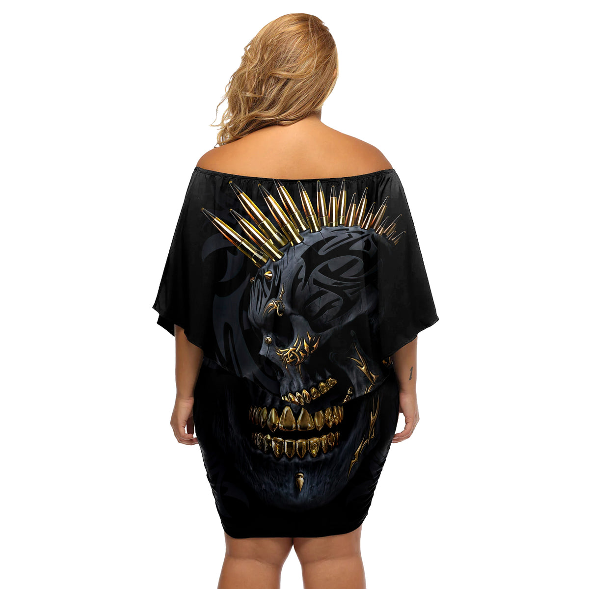 Skull Off Shoulder Short Dress Golden Skull Gangster - Wonder Print Shop