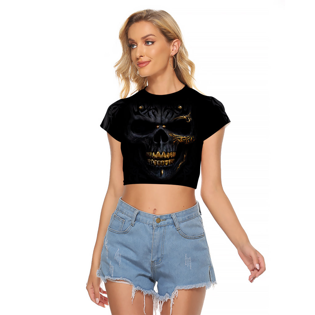 Skull Raglan Cropped T Shirt Golden Skull Gangster - Wonder Print Shop