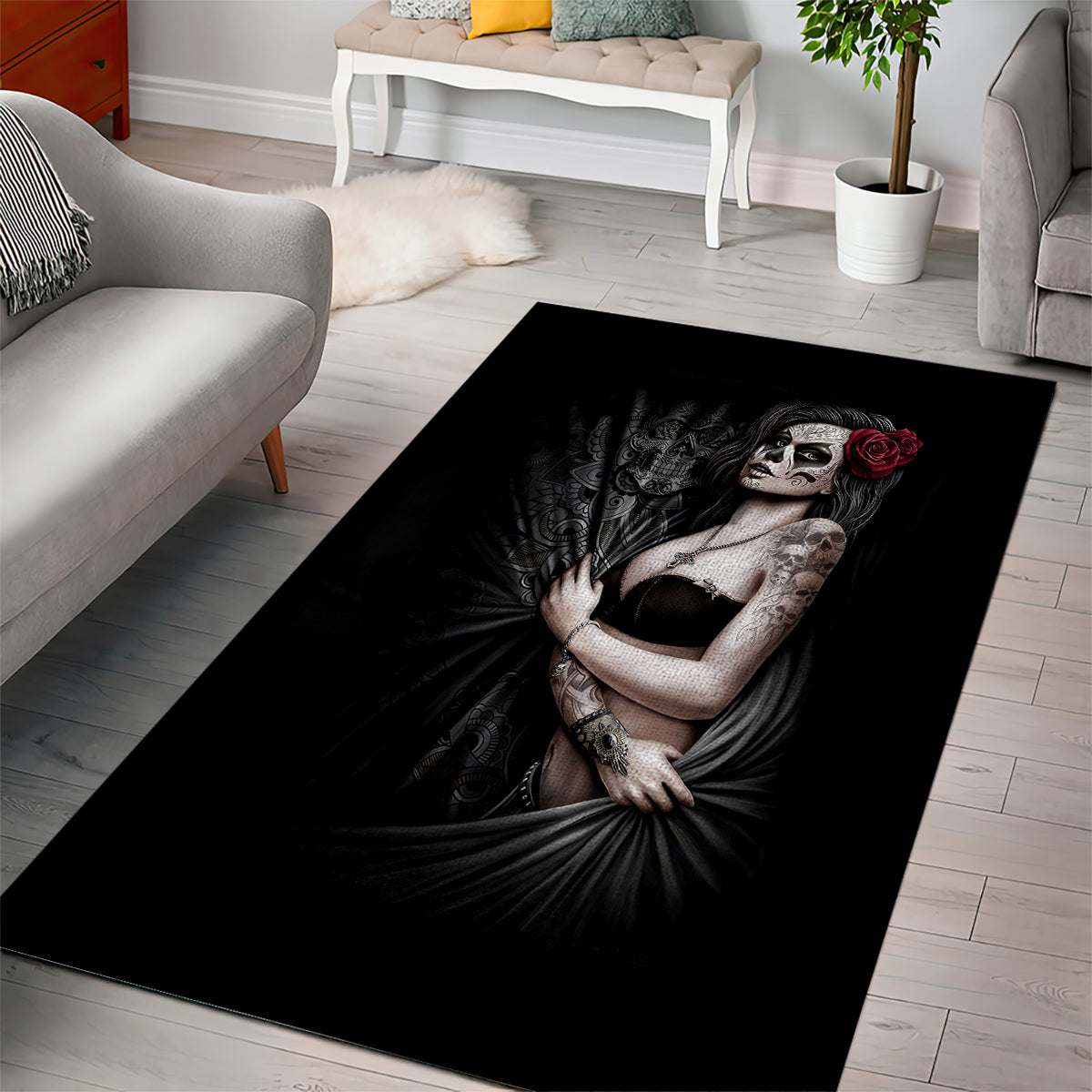 Skull Area Rug Girl Day Of The Dead - Wonder Print Shop