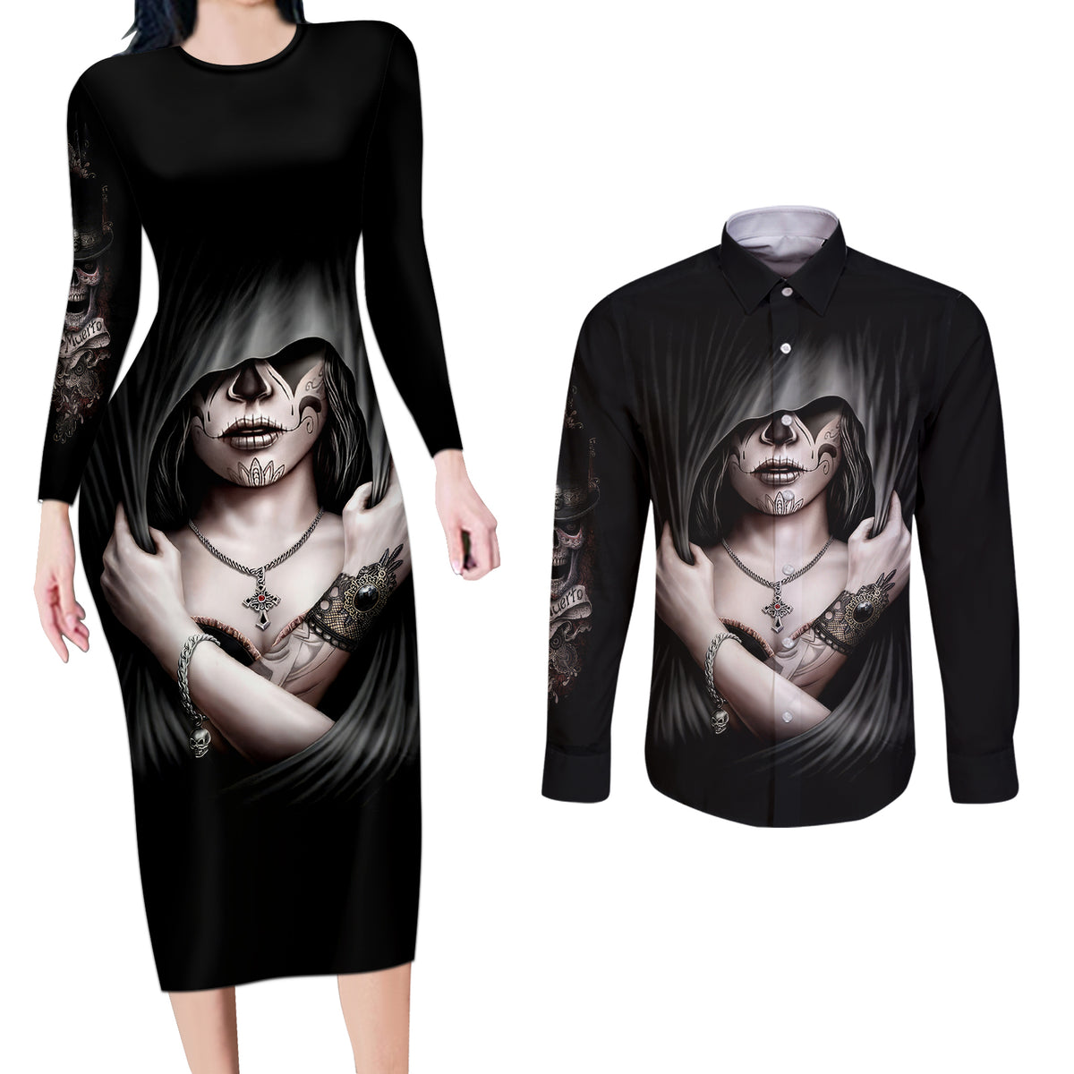 Skull Couples Matching Long Sleeve Bodycon Dress and Long Sleeve Button Shirts Girl Day Of The Dead - Wonder Print Shop