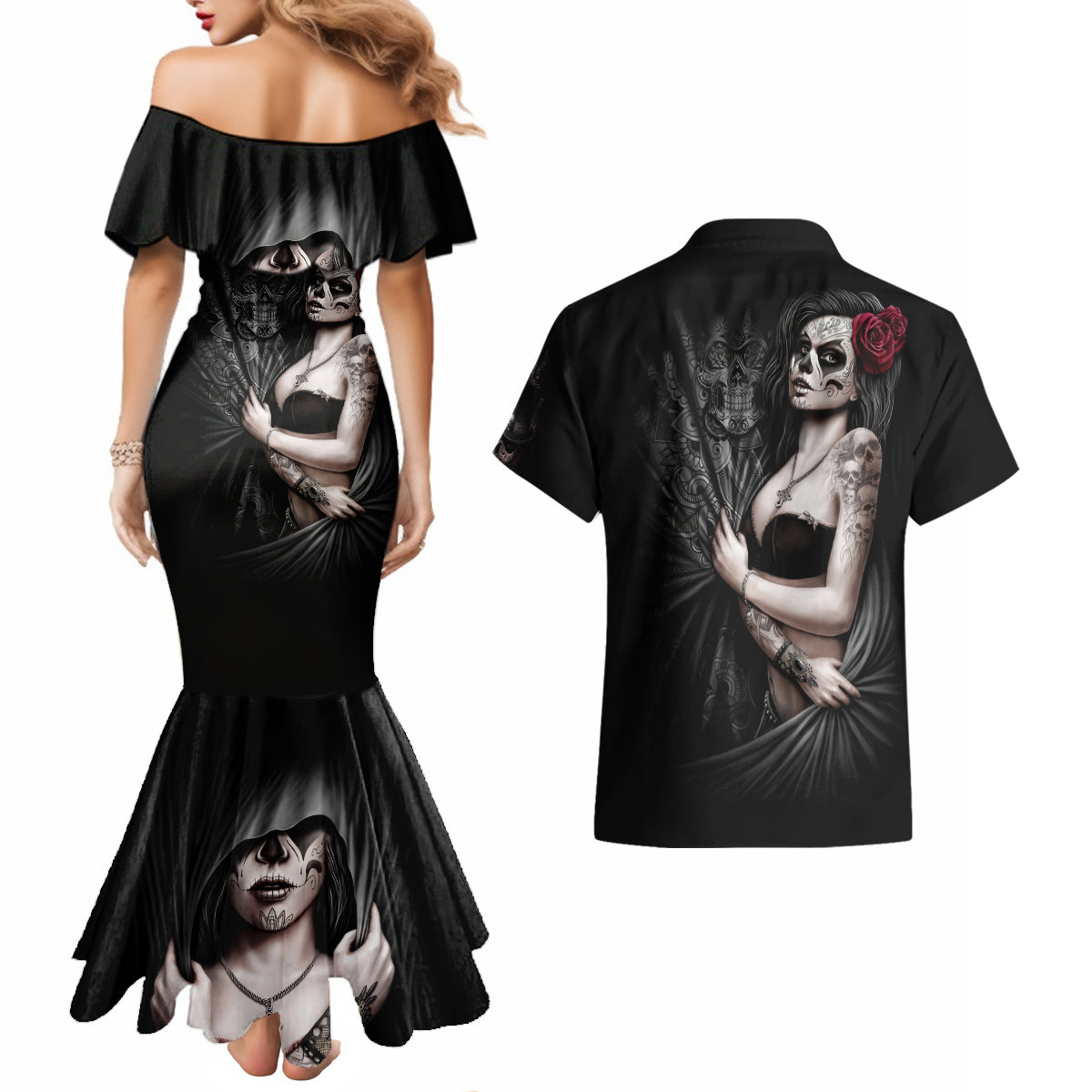 Skull Couples Matching Mermaid Dress And Hawaiian Shirt Girl Day Of The Dead - Wonder Print Shop