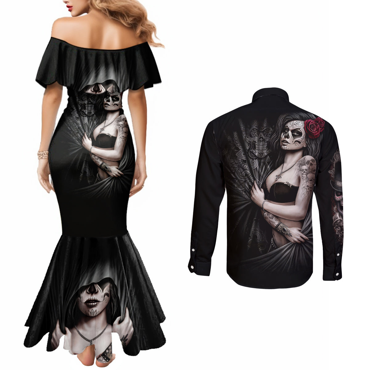 Skull Couples Matching Mermaid Dress and Long Sleeve Button Shirts Girl Day Of The Dead DT01