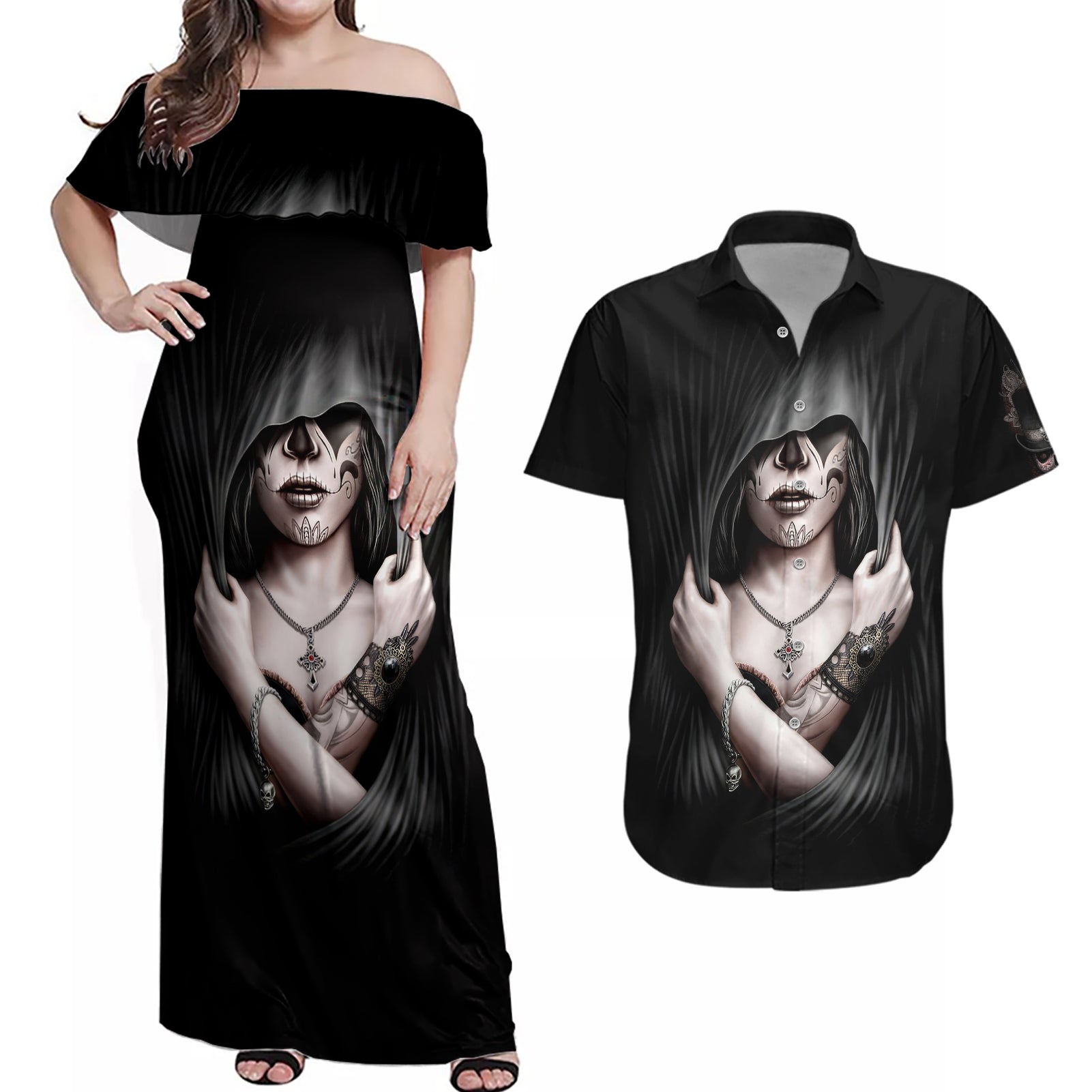 Skull Couples Matching Off Shoulder Maxi Dress and Hawaiian Shirt Girl Day Of The Dead - Wonder Print Shop