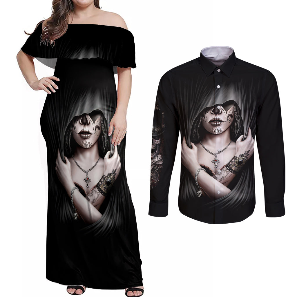 Skull Couples Matching Off Shoulder Maxi Dress and Long Sleeve Button Shirts Girl Day Of The Dead - Wonder Print Shop