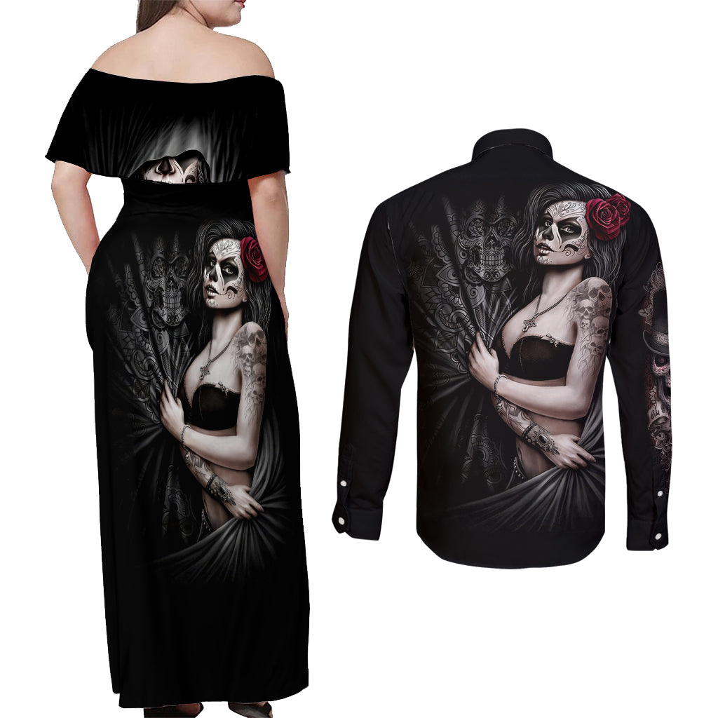 Skull Couples Matching Off Shoulder Maxi Dress and Long Sleeve Button Shirts Girl Day Of The Dead - Wonder Print Shop