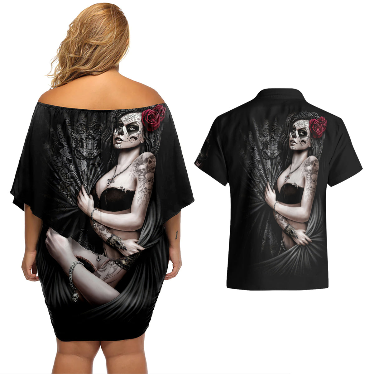 Skull Couples Matching Off Shoulder Short Dress and Hawaiian Shirt Girl Day Of The Dead - Wonder Print Shop