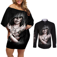 Skull Couples Matching Off Shoulder Short Dress and Long Sleeve Button Shirts Girl Day Of The Dead - Wonder Print Shop