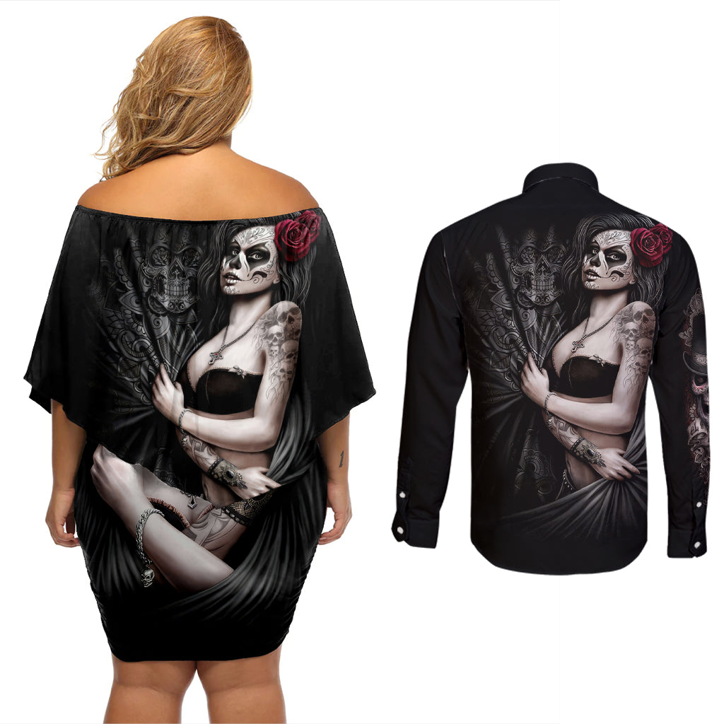 Skull Couples Matching Off Shoulder Short Dress and Long Sleeve Button Shirts Girl Day Of The Dead - Wonder Print Shop
