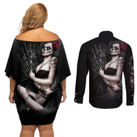 Skull Couples Matching Off Shoulder Short Dress and Long Sleeve Button Shirts Girl Day Of The Dead - Wonder Print Shop