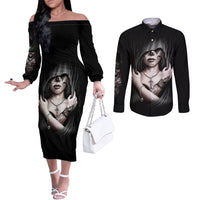 Skull Couples Matching Off The Shoulder Long Sleeve Dress and Long Sleeve Button Shirts Girl Day Of The Dead DT01