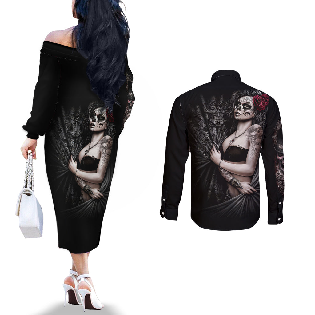 Skull Couples Matching Off The Shoulder Long Sleeve Dress and Long Sleeve Button Shirts Girl Day Of The Dead DT01
