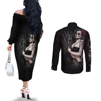 Skull Couples Matching Off The Shoulder Long Sleeve Dress and Long Sleeve Button Shirts Girl Day Of The Dead DT01