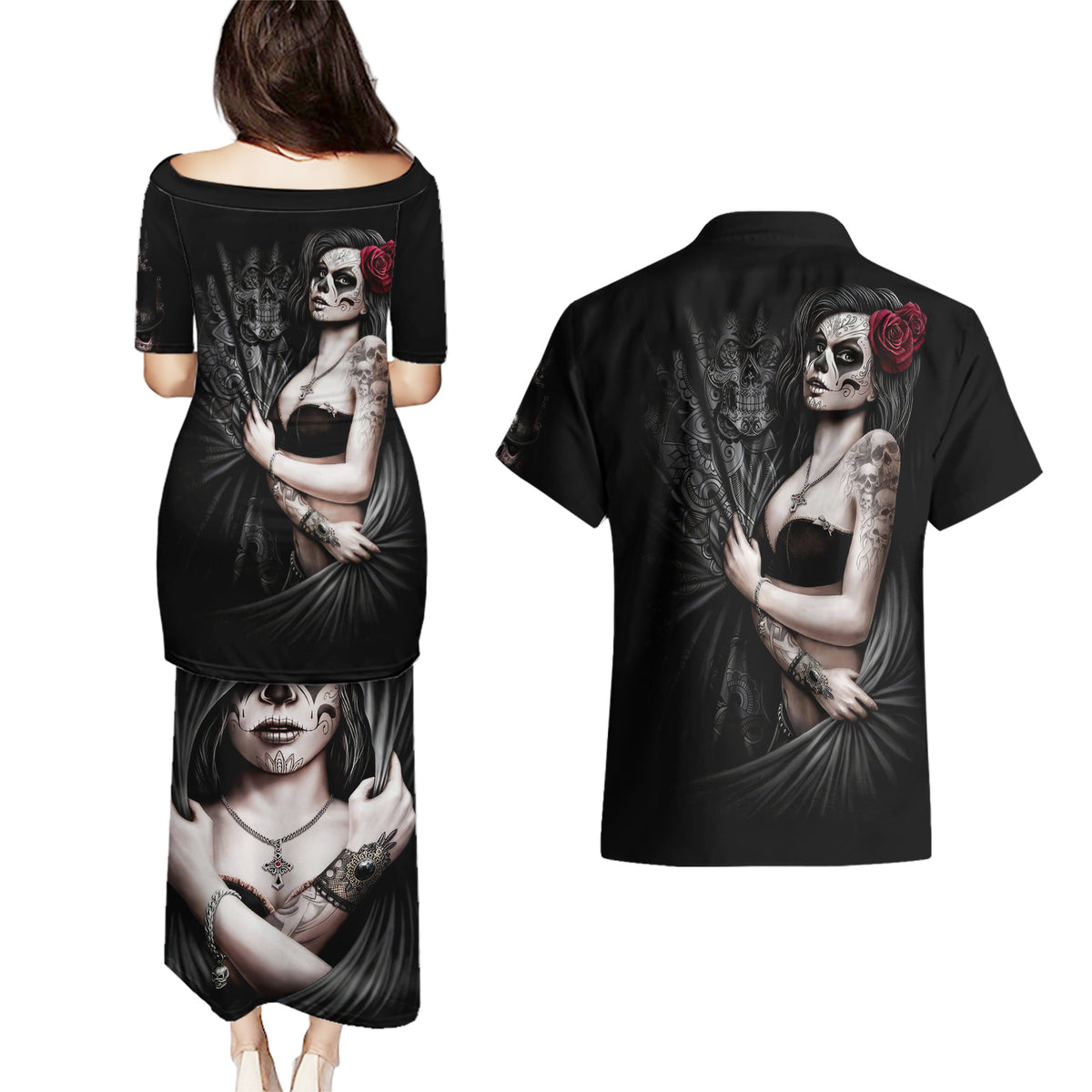 Skull Couples Matching Puletasi Dress and Hawaiian Shirt Girl Day Of The Dead - Wonder Print Shop