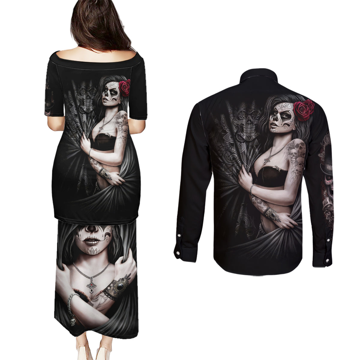 Skull Couples Matching Puletasi Dress and Long Sleeve Button Shirts Girl Day Of The Dead - Wonder Print Shop