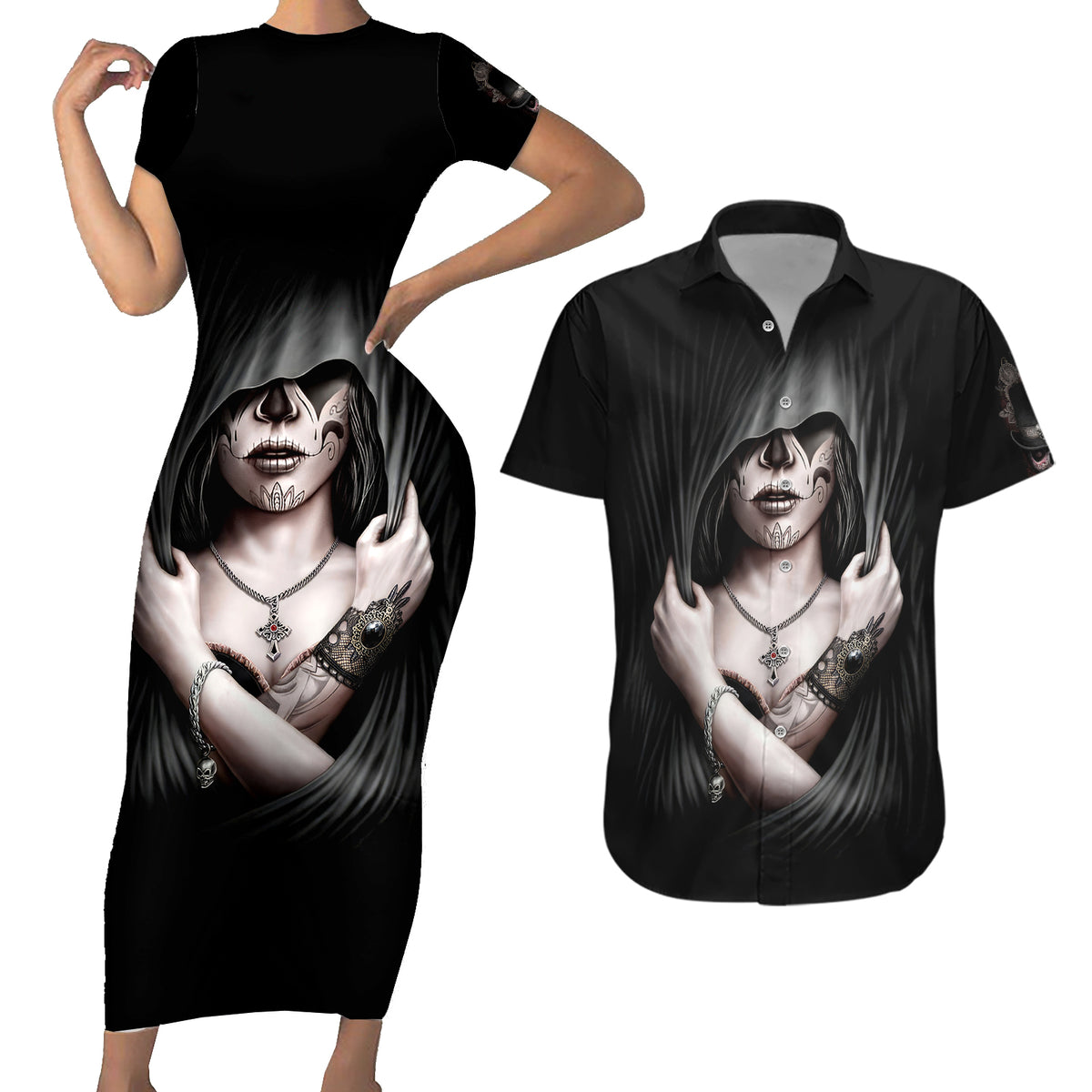 Skull Couples Matching Short Sleeve Bodycon Dress and Hawaiian Shirt Girl Day Of The Dead - Wonder Print Shop