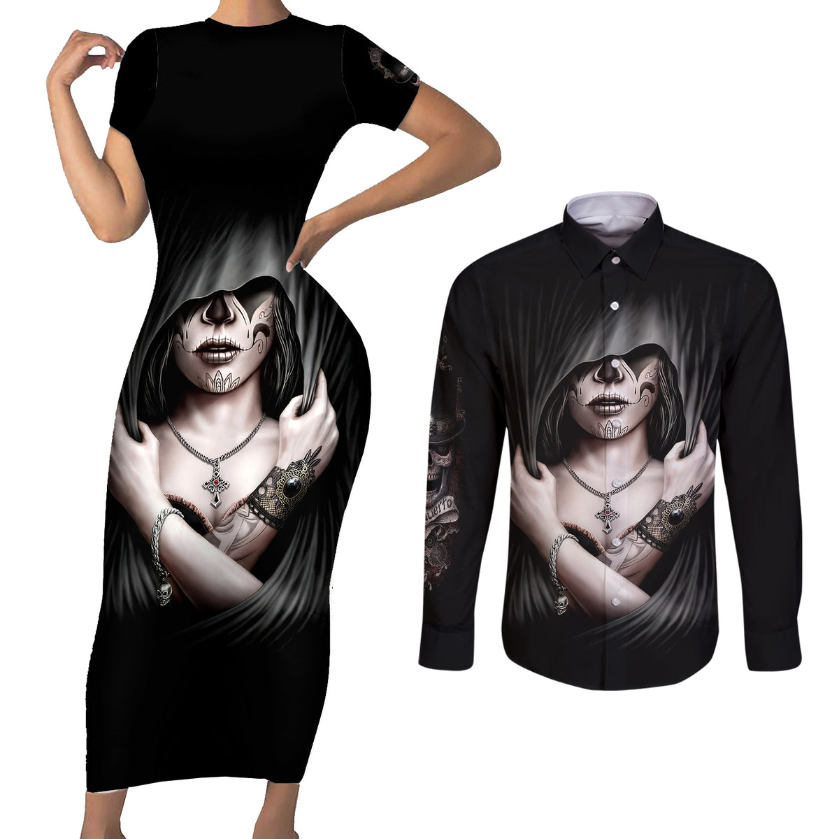 Skull Couples Matching Short Sleeve Bodycon Dress and Long Sleeve Button Shirts Girl Day Of The Dead - Wonder Print Shop