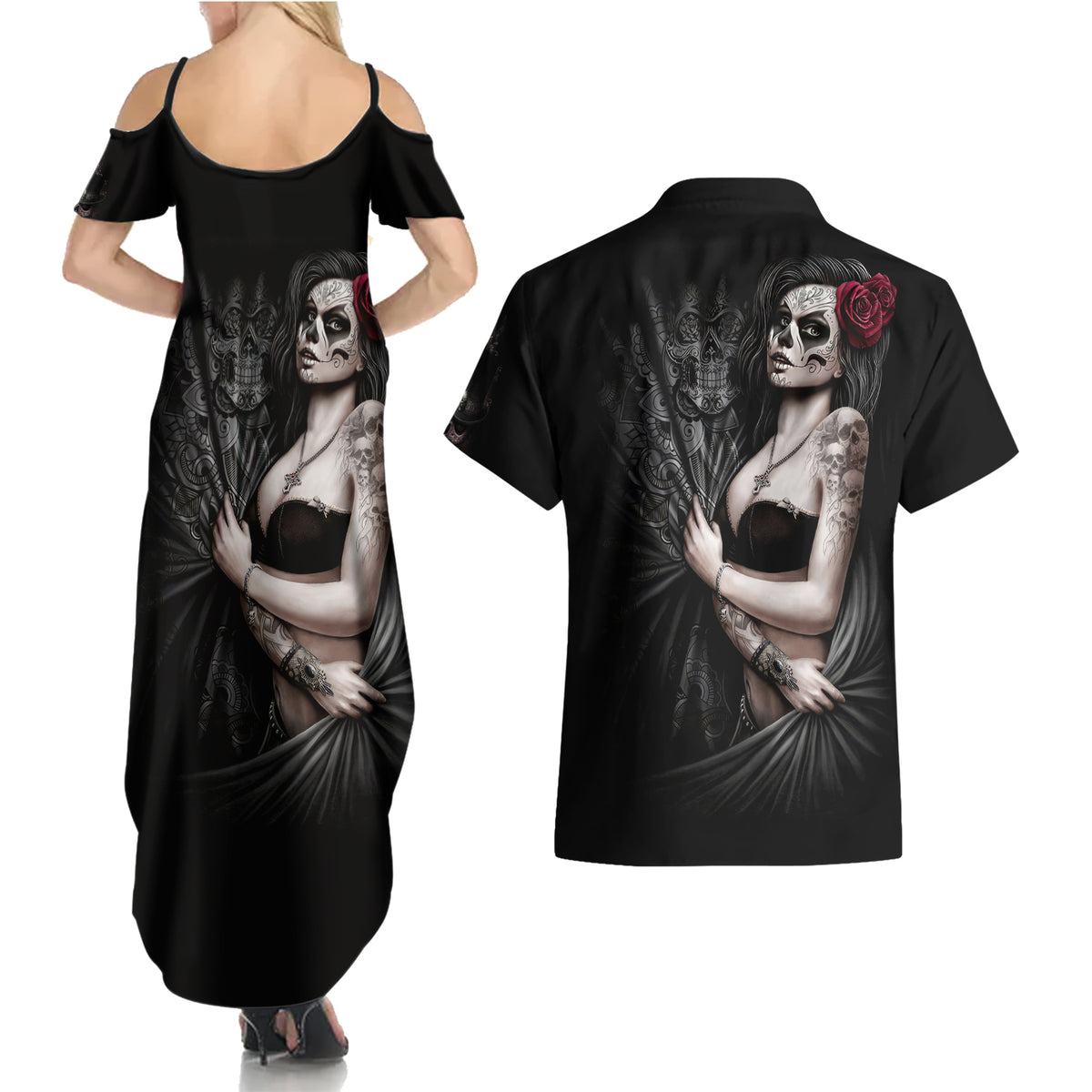Skull Couples Matching Summer Maxi Dress and Hawaiian Shirt Girl Day Of The Dead - Wonder Print Shop