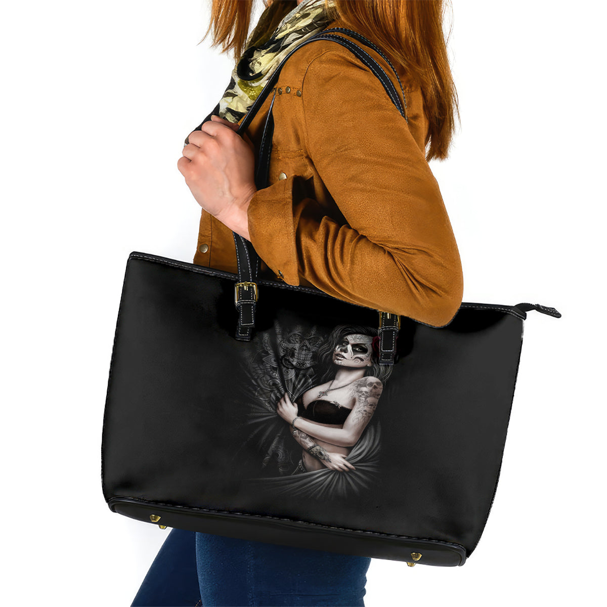 Skull Leather Tote Bag Girl Day Of The Dead - Wonder Print Shop