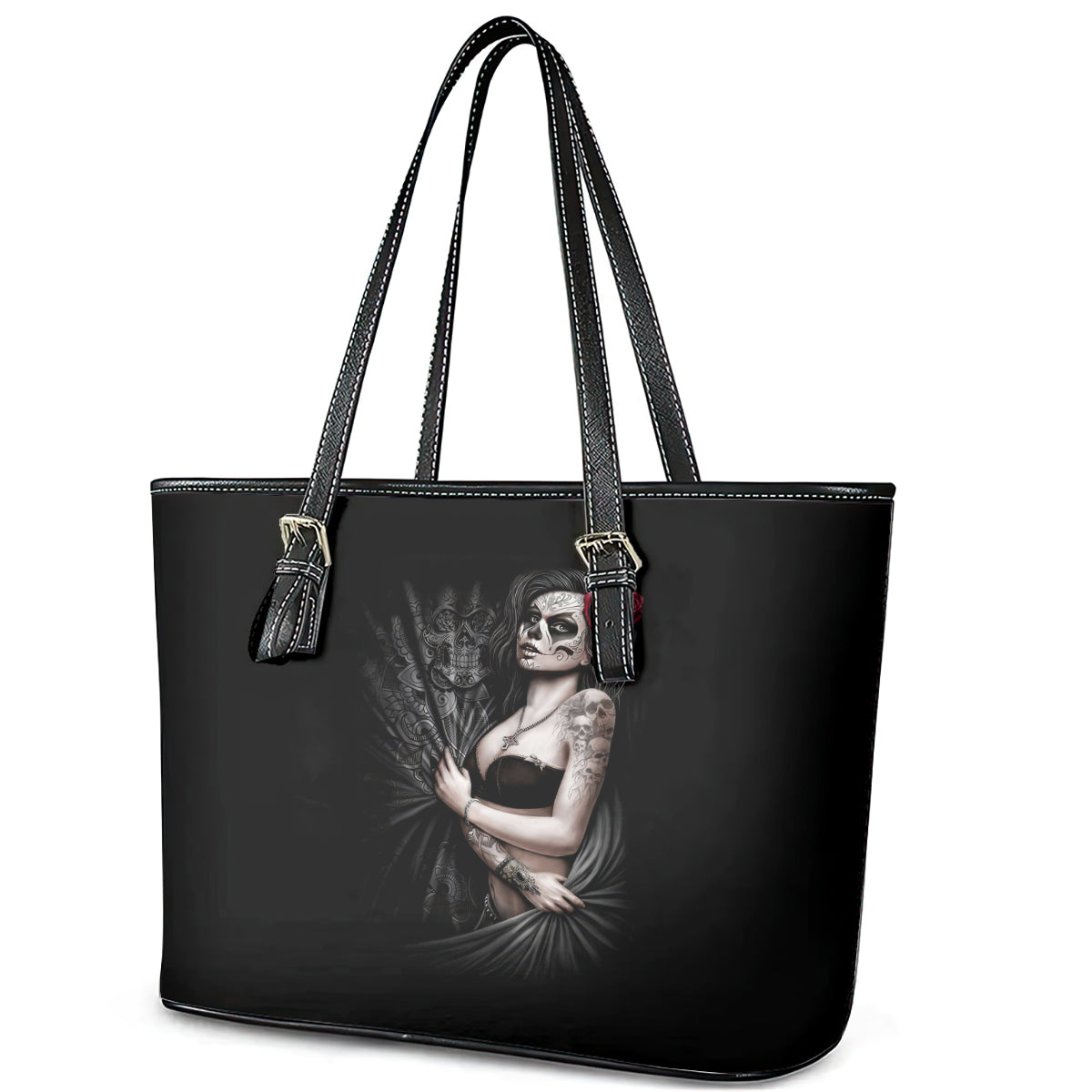 Skull Leather Tote Bag Girl Day Of The Dead - Wonder Print Shop