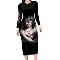 Skull Long Sleeve Bodycon Dress Girl Day Of The Dead - Wonder Print Shop