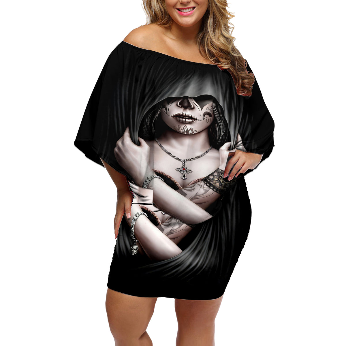 Skull Off Shoulder Short Dress Girl Day Of The Dead - Wonder Print Shop