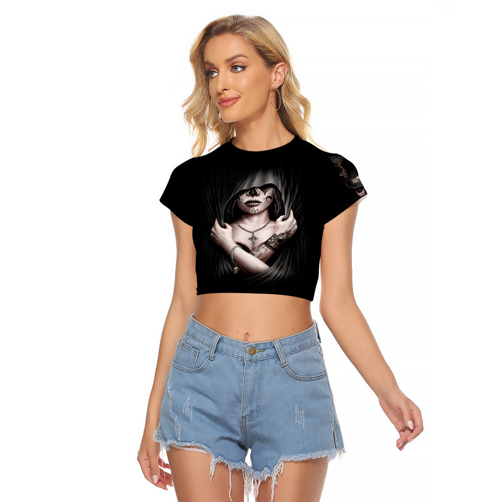 Skull Raglan Cropped T Shirt Girl Day Of The Dead - Wonder Print Shop